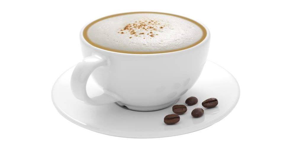 Cup of coffee cappuccino with coffee beans isolated on white bac