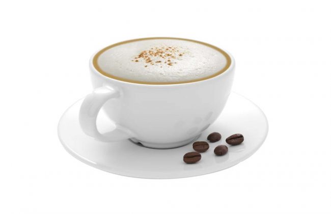 Cup of coffee cappuccino with coffee beans isolated on white bac
